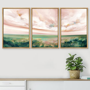 WALL26 " Pastel Watercolor Pink Cloud Sky Green Countryside Hill Abstract Landscape Rustic Art Decor Scenic " 3 - Pieces