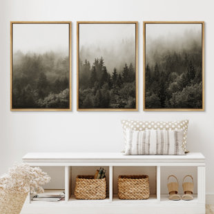 Misty Forest Landscape " IDEA4WALL Framed Canvas Print Wall Art Woodland Nursery Decor Set Fog & Mist Over Blue Pine Tree Forest Nature Modern Art Rustic Landscape Colorful For Living Room, Bedroom, Office " 3 - Pieces