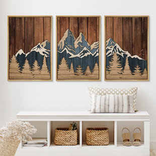 IDEA4WALL Western Wood Effect Landscape Mountain Forest Nature - 3 Piece Set Floater Frame Print on Canvas Wall Art
