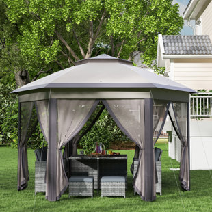 Outsunny 13' x 13' Pop Up Gazebo Hexagonal Canopy with 6 Zippered Mesh Netting