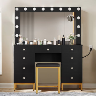 LATITUDE RUN® Lagertha 45.2'' Makeup Vanity Desk Set with Lighted Mirror, Power Outlets & 9 Drawers