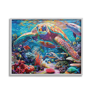 STUPELL INDUSTRIES Vivid Sea Turtle & Reef Framed Giclee Art by Michael David Ward