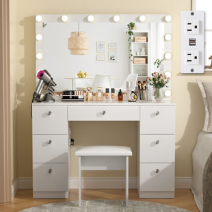 HOKKU DESIGNS Cotati Makeup Vanity with Lights, 7 Large Drawers and Outlets