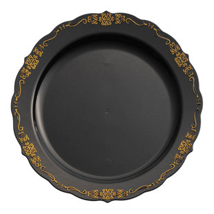 SMARTY HAD A PARTY Black with Gold Vintage Rim Round Disposable Plastic Appetizer/Salad Plates (7.5")