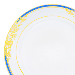 SMARTY HAD A PARTY White with Blue and Gold Harmony Rim Plastic Dinner Plates (10.25")