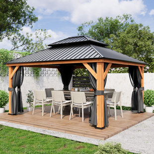 EGEIROS LIFE Wood Patio Gazebo with Double Roof Hardtop and Curtains