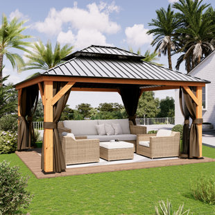 EGEIROS LIFE Wood Patio Gazebo with Double Roof Hardtop and Curtains