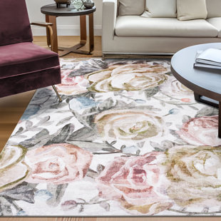 DECOMALL Jasmine Modern Flower Design Machine Washable Area Rug Pink/Yellow/Ivory Multi