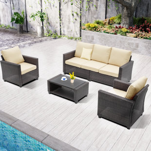 GREEN4EVER 5 - Person Outdoor Seating Group With Coffe Table And Beige Coushins