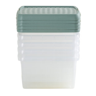 Wham Clip 5x 9L Square Plastic Storage Boxes with Secure Clip Lock Lids. L:29 x W:29 x H:15.5cm Clear/Green Milieu/Stone (Set of 5)