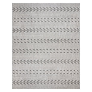 GERTMENIAN Paseo Moran Leaf Striped Gray Ash Steel Polypropylene Flatweave Indoor/ Outdoor Area Rug