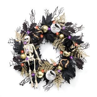 THE HOLIDAY AISLE® 24" Black Halloween Black Rose,Skeleton and Twig Branch Lighted Wreath