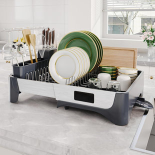 TOLEDO BATH & KITCHEN Large Expandable Stainless Steel Dish Rack With Aluminum Pull Plate, Wine Glass Holder And Utensil Holder
