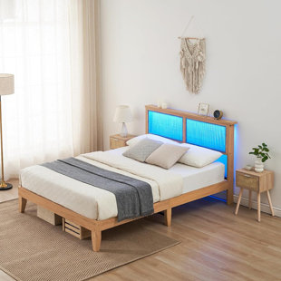 WROUGHT STUDIO™ Full Size Bed Frame With Natural Rattan Storage Headboard Platform Bed Frame With LED Lights Wooden Support Legs Noise-Free No Box Spring Needed Easy Assembly Oak Color