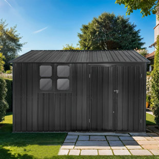 OLDE HOMEY STYLES Dark-Grey Metal Garden Shed with Window - Outdoor Storage Facility