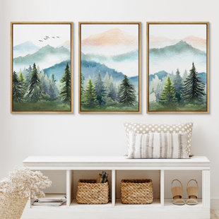 IDEA4WALL Woodland Forest Landscape Watercolor Pastel Mountain Range Pine Tree Forest Landscape Framed On Canvas 3 Piece Print Wall Art