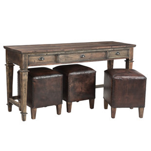 DESIGNE GALLERIE Yahaira Sofa Wooden Table with 3 Leather Standard Ottomans, 76x22x36