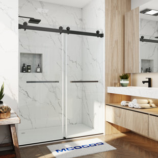 MCOCOD 72" W x 76" H x 2/5" THK Tempered Glass Double Smooth Sliding Frameless Shower Door with 2 Towel Bar Handle & Anti-Collision Function