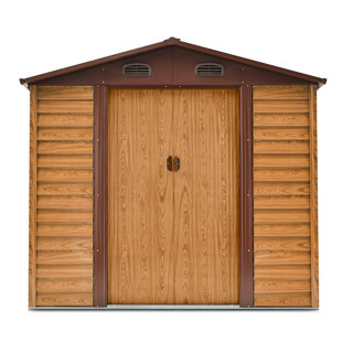 EGEIROS LIFE 8 ft. x 6 ft. Outdoor Storage Shed, Wood Grain Metal Shed with Sliding Doors and Foundation