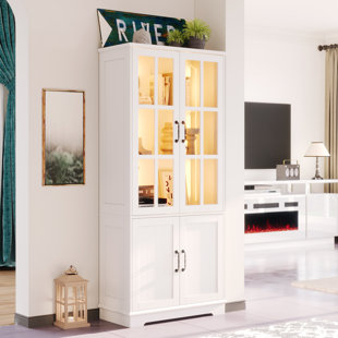 BRAYDEN STUDIO® Duniya 71" Tall Storage Cabinet With Led Lights, 5 Tier Large Modern Wood Kitchen Pantry With Acrylic Glass Doors & Shelves, Display Cabinet For Living Room, Dining Room, Bathroom, 4 Doors White