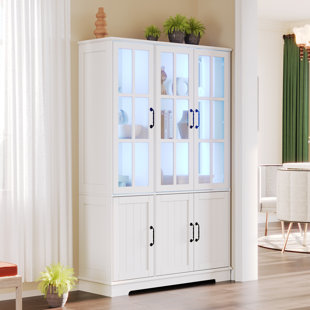 BRAYDEN STUDIO® Duniya 71" Tall Storage Cabinet With Led Lights, 5 Tier Large Modern Wood Kitchen Pantry With Acrylic Glass Doors & Shelves, Display Cabinet For Living Room, Dining Room, Bathroom, 6 Doors White
