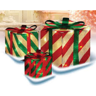 NORTHLIGHT SEASONAL Set of 3 Red and Green Striped Gift Boxes Outdoor Christmas Decorations 8" g