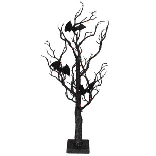 NORTHLIGHT SEASONAL 26.5" Black Glittered B/O LED Tabletop Halloween Tree With Bats - Orange Lights