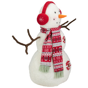 NORTHLIGHT SEASONAL 21.5-Inch White and Red Snowflake Sherpa Plush Snowman Christmas Decoration