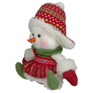 NORTHLIGHT SEASONAL 8" Red and Green Sitting Snowman Girl Christmas Figure