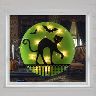 NORTHLIGHT SEASONAL 13.75" Lighted Black Cat Halloween Window Silhouette