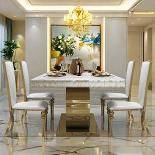 GINATOL Faux Marble Top Trestle Dining Set