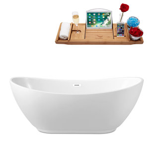STREAMLINE BATH 67" Streamline Freestanding Soaking Acrylic Bathtub With Drain and Bamboo Tray