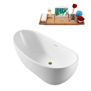 STREAMLINE BATH 62'' Streamline Freestanding Soaking Acrylic Bathtub With Drain and Bamboo Tray