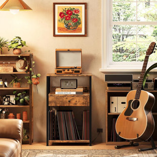 ELAINE MERCURE Record Player Stand With Vinyl Storage Turntable Stand With Drawer, Small Record Player Table Vinyl Record Holder For Living Room Brown CD Storage