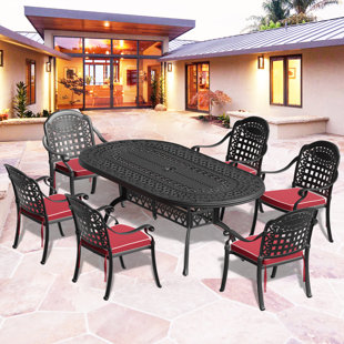 MIRROR FLY 81.89"L 41.34"W Oval Table Cast Aluminum Outdoor Dining Set with Umbrella Hole and Random Color Cushions