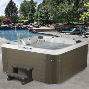 AQUALIFE® BY STRONG SPAS® Amplified 6-Person 100-Jet Lounger Hot Tub Spa with Bluetooth Stereo, 3 Pumps, LED Lighting, Stainless Steel Heater and Ozonator, Insulated Cover Included and Steps Included, Made in USA