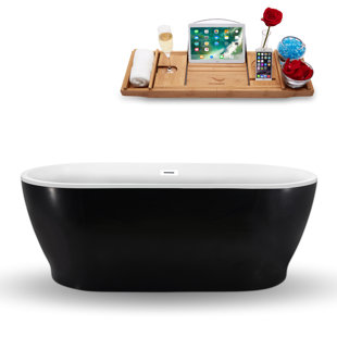 STREAMLINE BATH 67" Streamline Freestanding Soaking Acrylic Bathtub With Drain and Bamboo Tray