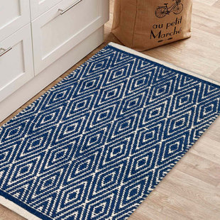 LOON PEAK® Duenweg Geometric Handmade Flatweave Cotton Navy-Ivory Rug