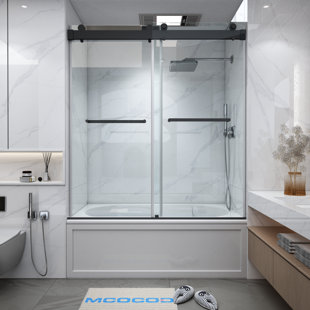 MCOCOD 60" W x 66" H x 2/5" THK Tempered Glass Double Smooth Sliding Frameless Tub Door with 2 Towel Bar Handle & Soft-Close Function