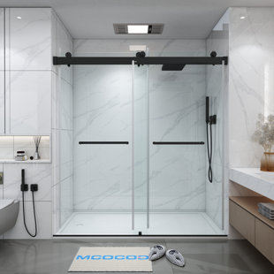 MCOCOD 66" W x 76" H x 2/5" THK Tempered Glass Double Smooth Sliding Frameless Shower Door with 2 Towel Bar Handle & Soft-Close Function
