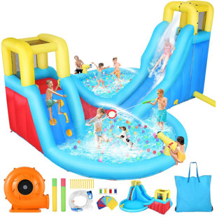 DREAMDWELL HOME 15.5'x14.56' Kids Inflatable Water Bounce House Water Slide Park w/ 2 Slide,2 Pool,2 Climb,Air Blower,Carry Bag