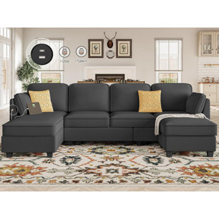 LATITUDE RUN® Sectional Sofa With Storage Seats, Convertible U Shaped Sofa With Large Reversible Chaise, Linen Fabric Modular Sofa With Pockets, 2 Pillows, Sectional Couches For Living Room, Dark Grey