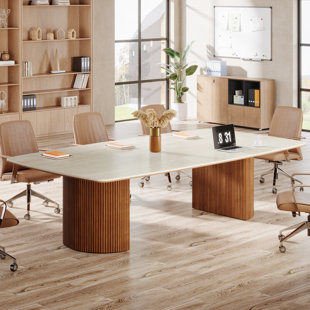 INBOX ZERO Conference Table With Unique Travertine Slab Top And Semi-Circular Stripe Base