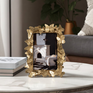 HOUSE OF HAMPTON® 4x6 Gold Polyresin and Glass Photo Frame with Enchanting Butterflies Decor