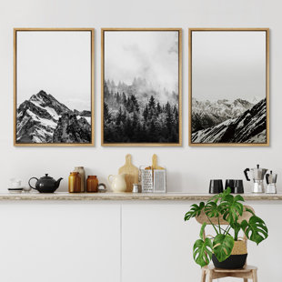 Misty Forest Landscape " IDEA4WALL Framed Canvas Print Wall Art Woodland Nursery Decor Set Black & White Winter Snow Mountains Nature Wilderness Modern Art Rustic Landscape For Living Room, Bedroom, Office " 3 - Pieces