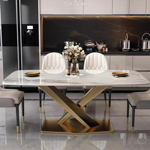 ORREN ELLIS Lesle Rectangular Stone Top Dining Table with Gold X-Base
