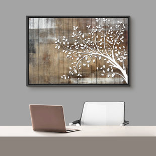 IDEA4WALL White Tree Branch With Leaves On Wood Effect Background Large Pictures Framed Canvas Print Wall Art