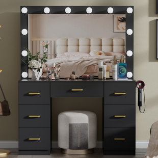 EBERN DESIGNS Collibee Makeup Vanity Desk with Lighted Mirror & Power Outlet & 3 Color Modes