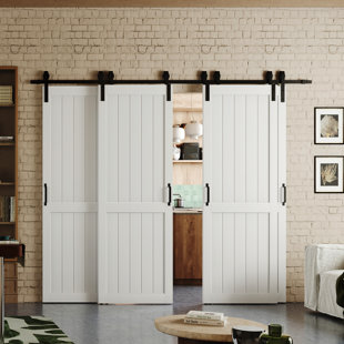 DOOOLI Modern White Design - Manufacture Wood Double Sliding Bypass Barn Door With Hardware,4 Door Panels