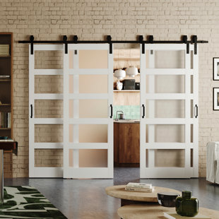 DOOOLI Modern 5 Lite Frosted Glass - Manufacture Wood Double Sliding Bypass Barn Door With Hardware